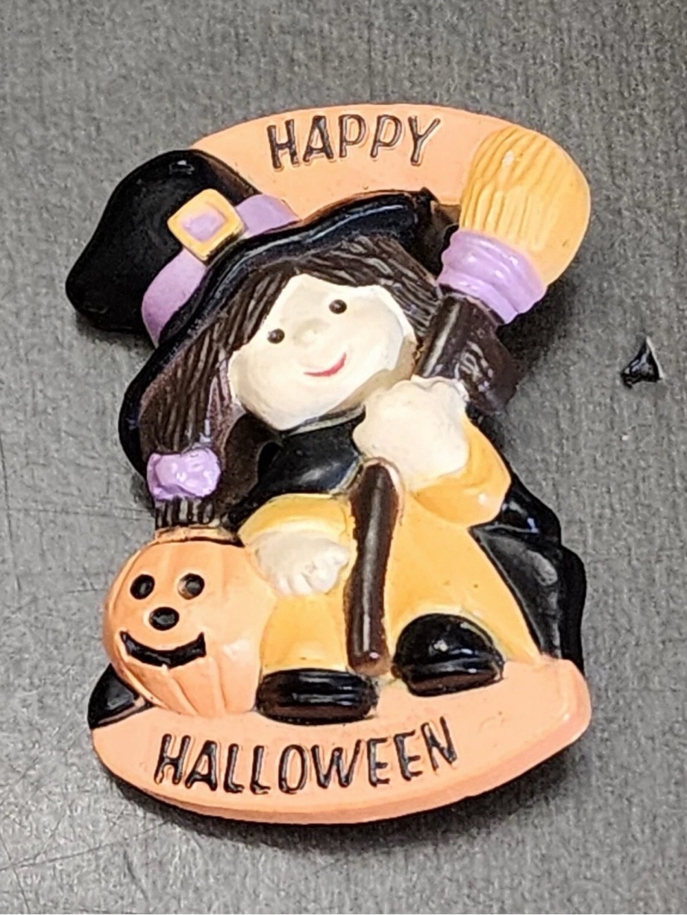 Vintage Halloween Friendly Witch Pumpkin Pin Brooch Plastic Costume Jewelry 1970
